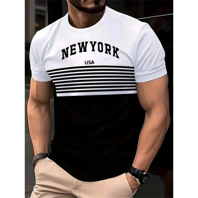 Summer Casual New York Text 3D Printed Men's Striped T-shirt Outdoor Sportswear Oversized Fitness Top Short Sleeved T-shirt for Men