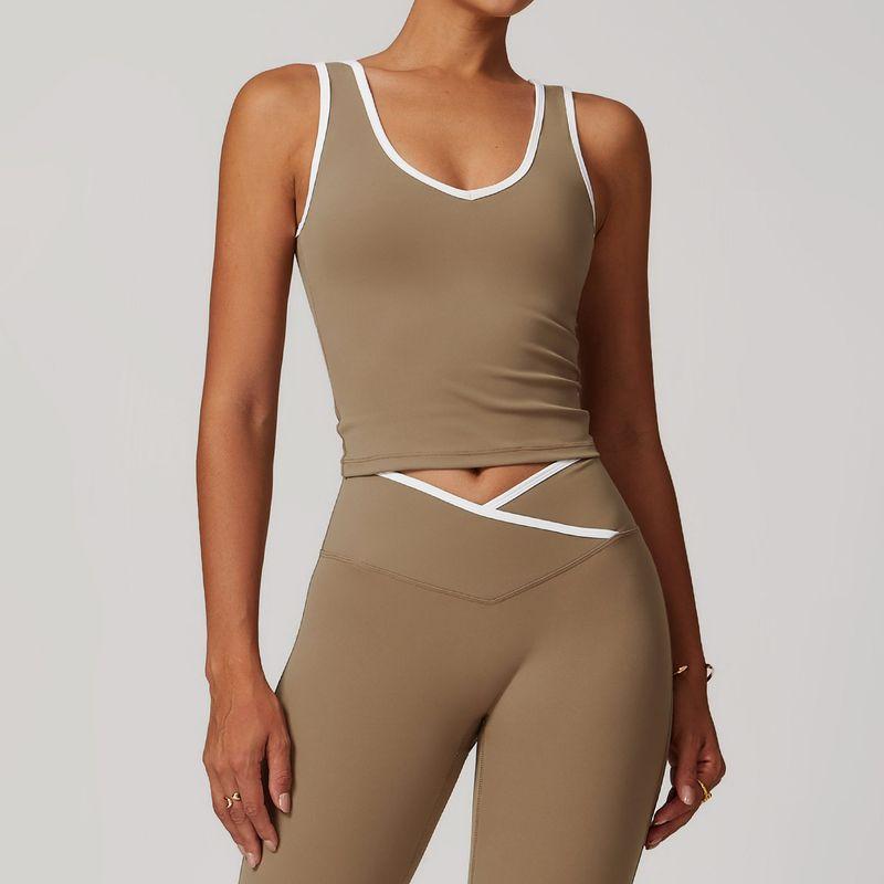 

European and American Stretch Tight Nude Feel Contrast Color Sports Vest Women Backless Yoga Vest Workout Clothes Outer Wear Sports Top Cocoa Brown S