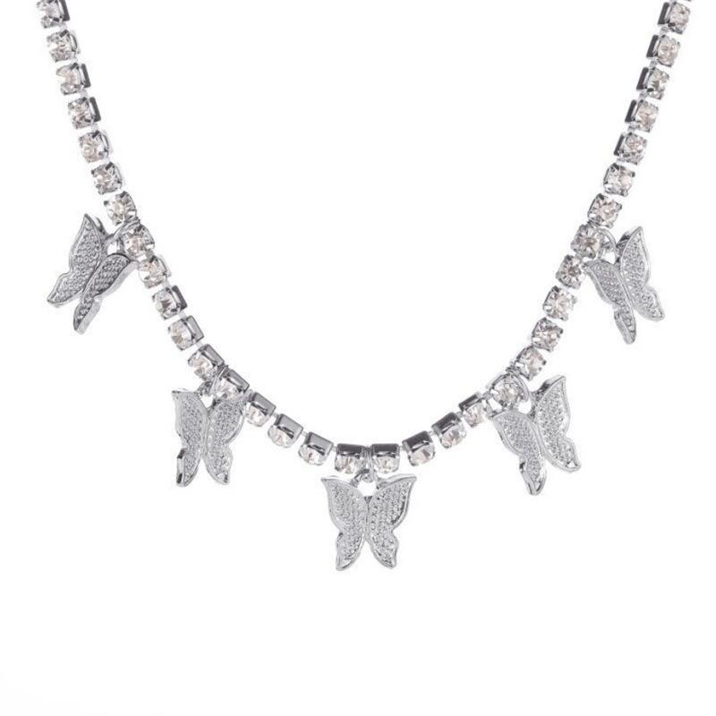 European & American Rhinestone Butterfly Necklace: Short Hip-Hop Alloy Cuban Chain Pendant.