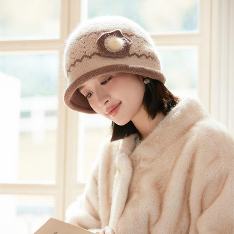Rabbit wool knitted bucket hat temperament fleece basin hat middle elderly mother elegant warm wool hat