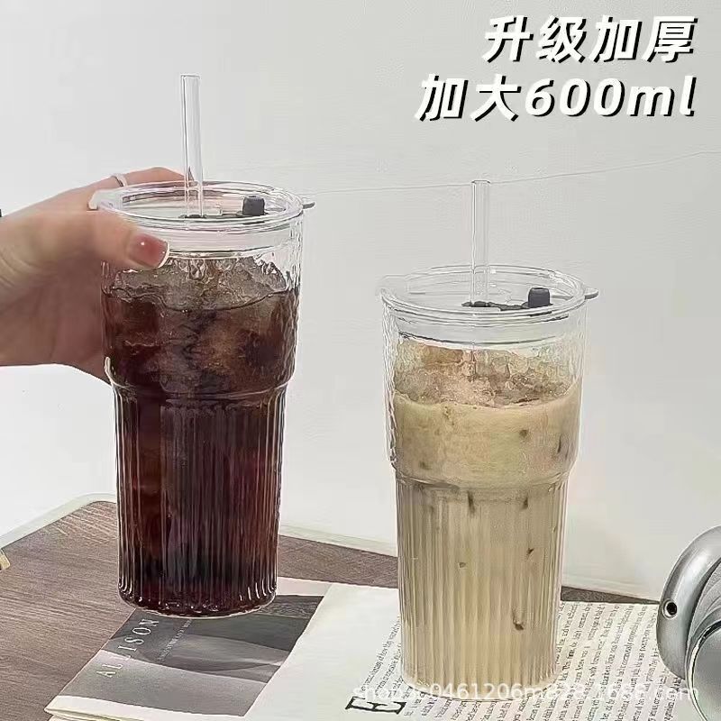 1 PC 610ml Stripe Glass Cup Transparent Glasses With Lid and Straw Ice Coffee Mug Tea Cup Juice Glass Milk Water Cup Drinkware