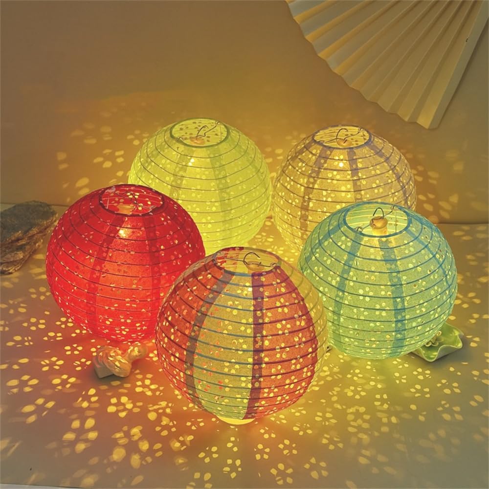 DUOLEIMI Paper Lanterns for Obon Festivals, Openwork Paper Lanterns with LEDs, Colorful, Set of 10 (30cm Round)