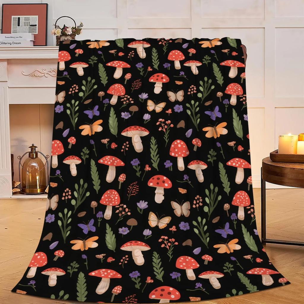 Red Mushroom Fleece Blanket Vintage Butterfly Plant Bedding Throw Super Soft Cozy Flannel Sofa Blanket Luxury Travel Nap Cover