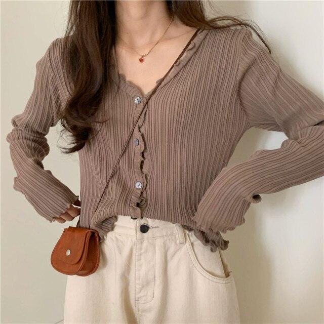 Korean Short Sweater Women V-Neck Knitted Cardigan Fashion Single Breasted Women Elasticity Cropped Cardigan Sweater Female