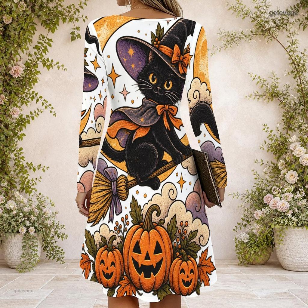 Women Criss Cross V Neck Long Sleeve Halloween Raccoon Witch Pumpkin Print Curved Hem Dress