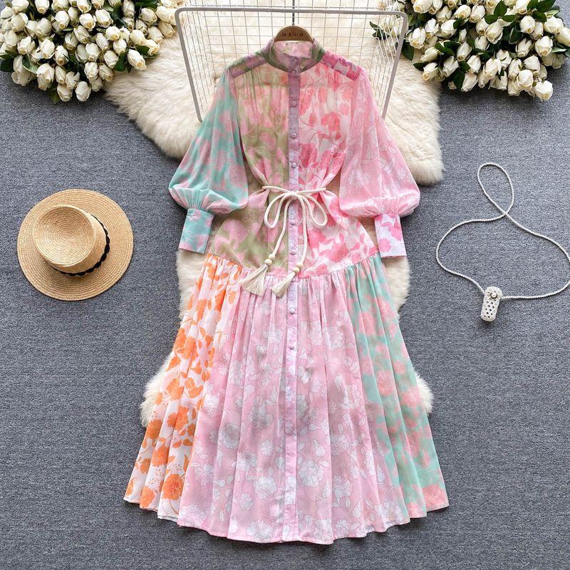 

French Stand Collar Single-Breasted Long Sleeve Print Dress Color M
