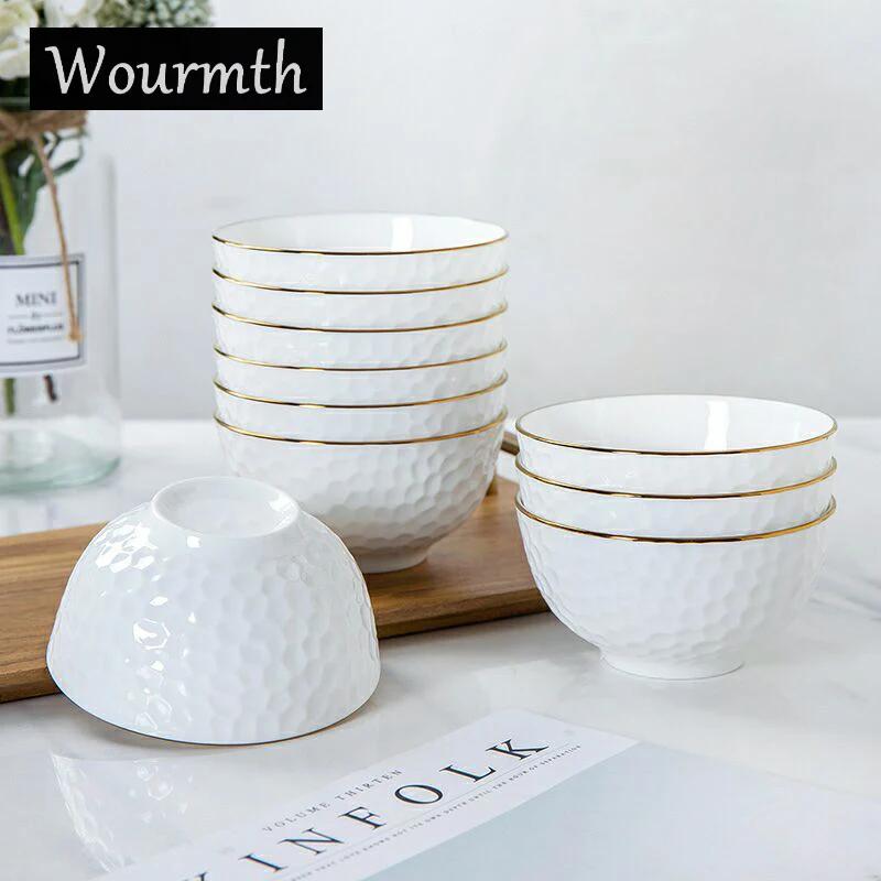 4Pcs Set Ramen Bowl Set Phnom Penh Embossed Rice Bowl High-quality Bone China 6 Inch Noodle Dinner Plate Set Ceramic Dinnerware