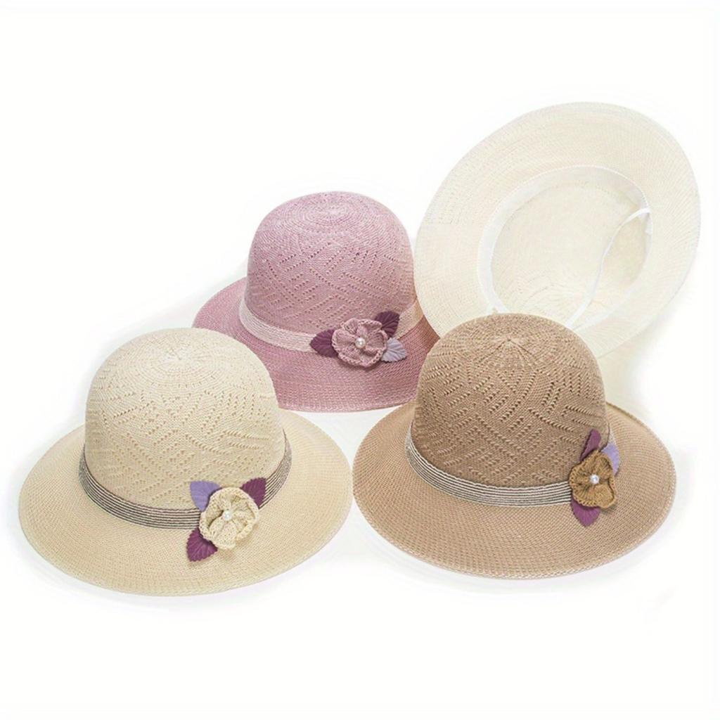 Fashion Fisherman Hat Summer Hollow Hat Ladies Flowers Pearl Basin Hat Travel Hat Wind Rope Hat