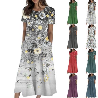 Women's Summer Casual Fashion Printed Short Sleeve Round Neck Pocket Dress