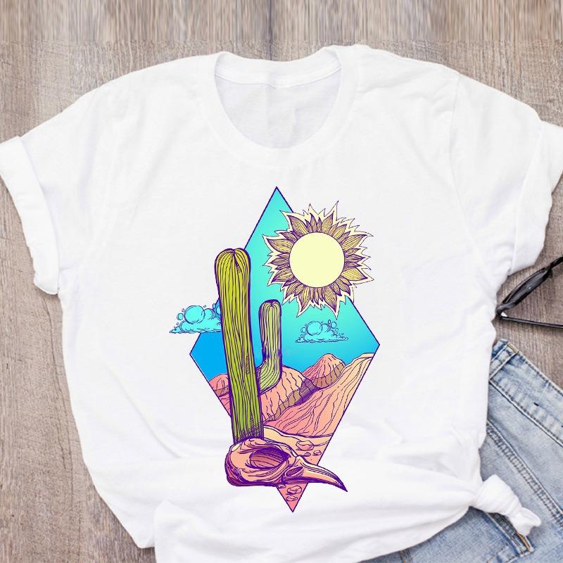 White Casual TShirt Diamond Border Decor With Desert EleUnisext Print Tall Cactus Sun Bird Skull Mountains Personalized Trendy Top