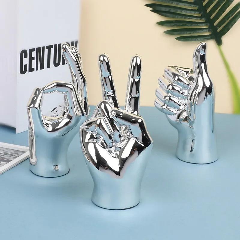 Nordic Creative Gold Silver Color Plating Finger Art Sculpture Abstract Gesture Statue Living Room Office Study Decorations