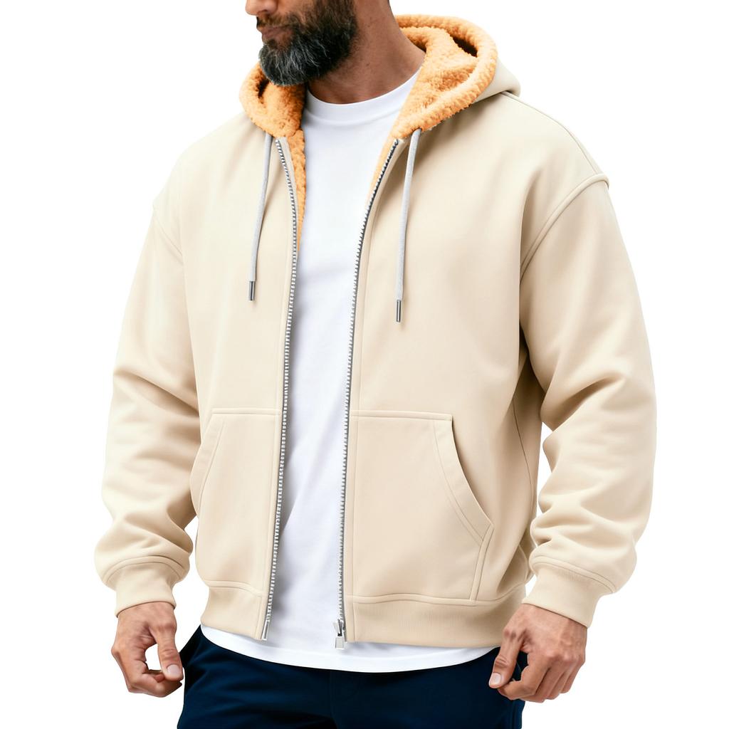 Men's Solid Color Fleece-Lined Zip-Up Pocket Hooded Sweatshirt Cardigan Men's Casual Sweatshirt Cardigan