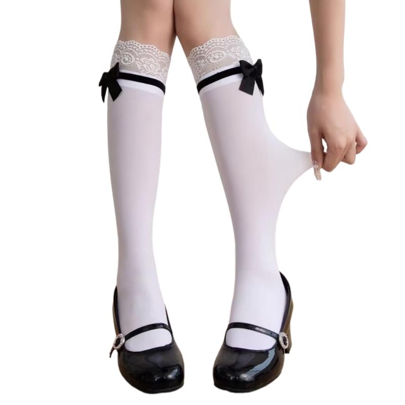 Chaussettes Velours Respirantes Hautes sur le Genou Bordure en Dentelle Nœud Élastique Antidérapant Mi-Mollet pour Port Quotidien Événement Spécial