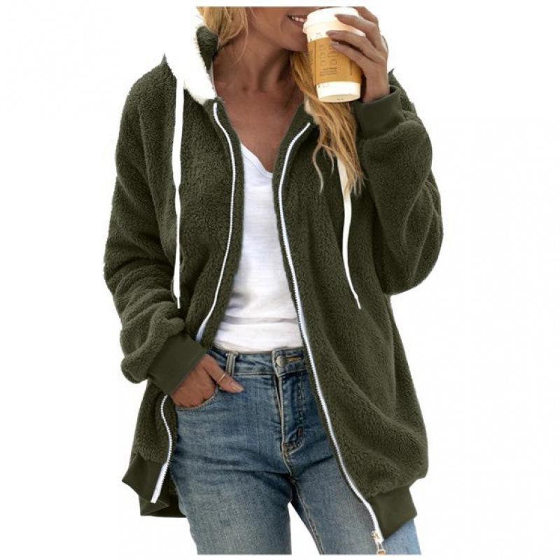 

Autumn Women Fleece Sweatshirt Casual Female Tie Collar Zip Up Patchwork Flurry Soft Cardigans Hooded Coats XXXXXL темно-зелений колір