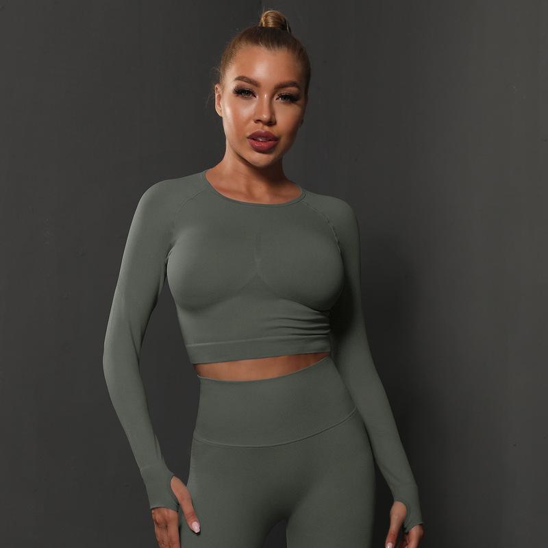 Seamless Tight Solid Color Pleated Sports Long Sleeved Top With High Elasticity, Breathability, Running, Fitness, Yoga Clothes For Women