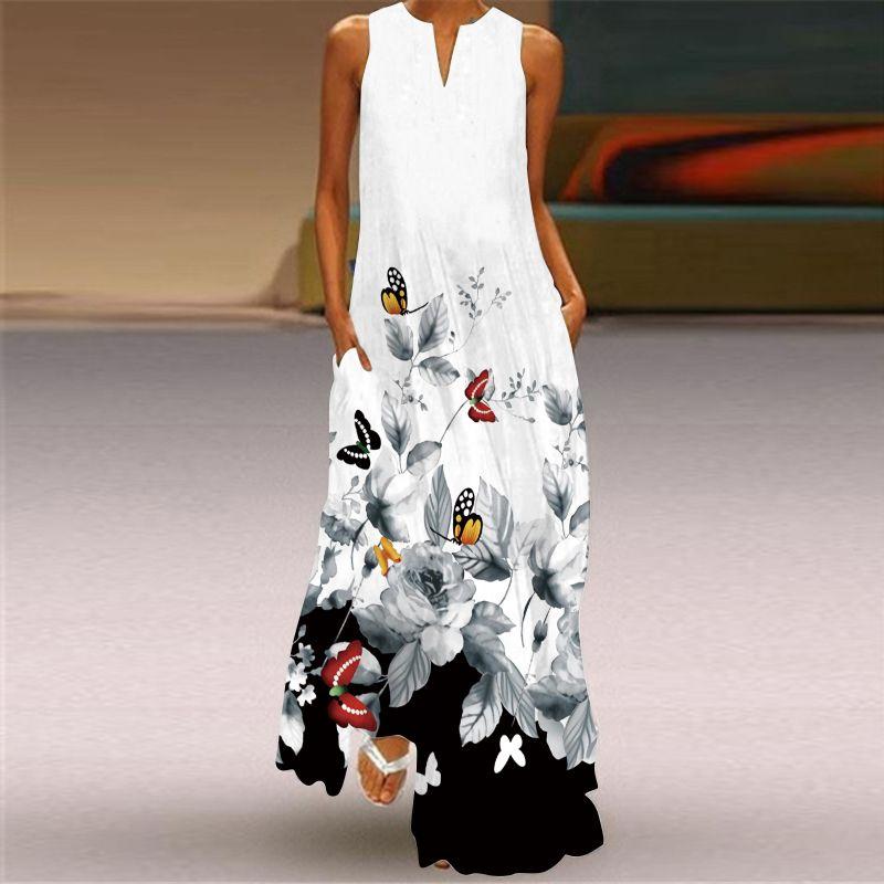 New Chinese Style Printed V-neck Multi-Color Sexy Sleeveless Dress