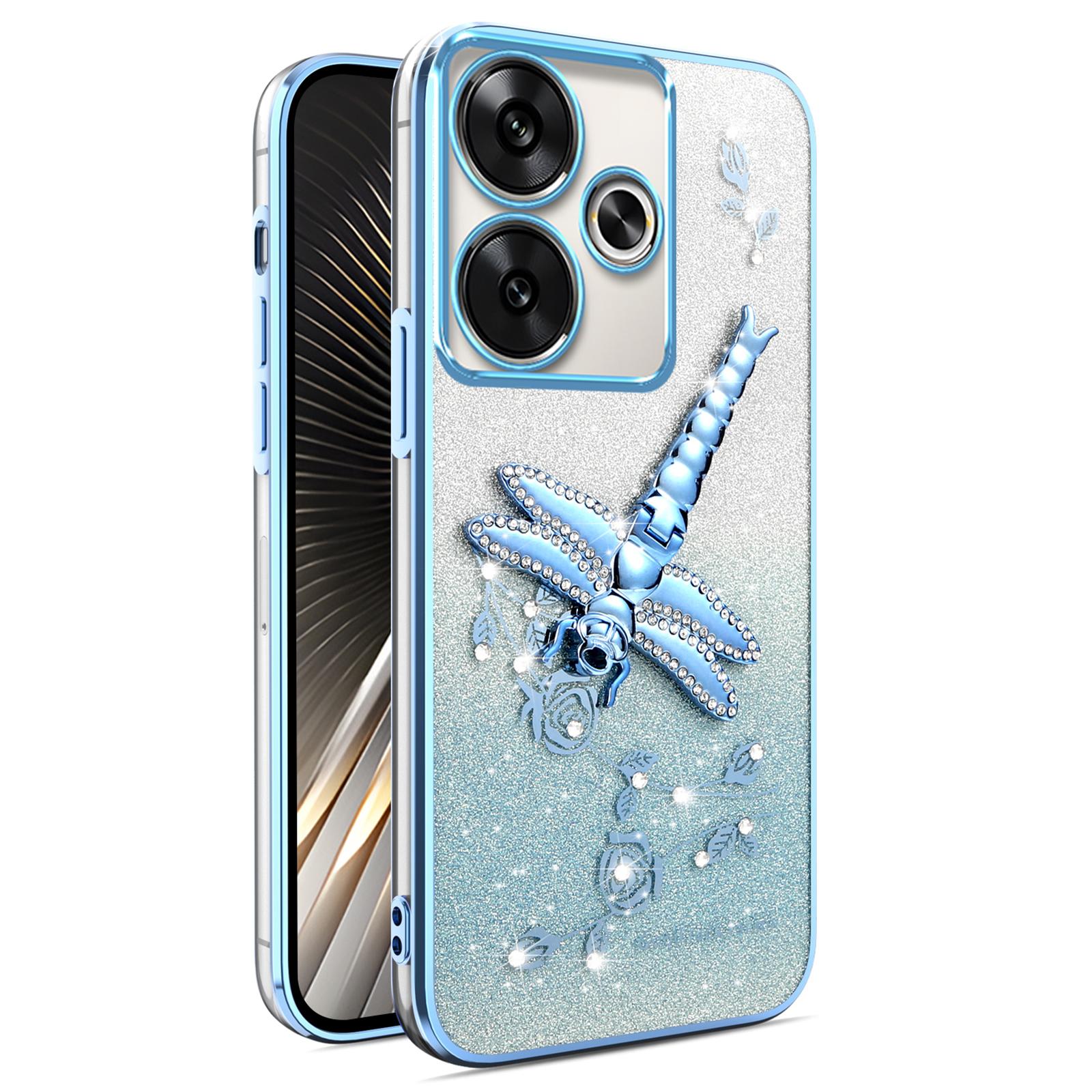 

Case For Xiaomi Redmi 13 4G/5G/Note 13R 5G/Poco M6 4G/M6 Plus 5G Dragonfly Kickstand TPU Flowers Glitter Phone Cover Blue