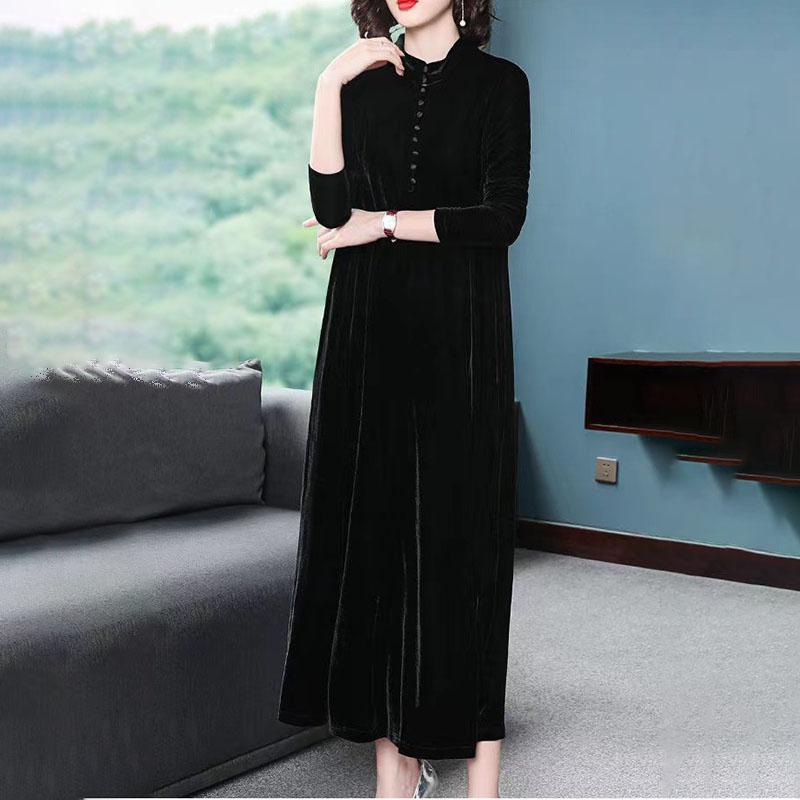 Women's Plus Size Dress Long Gold Velvet Dress Loose Retro Solid A-Line Dress Spring Autumn