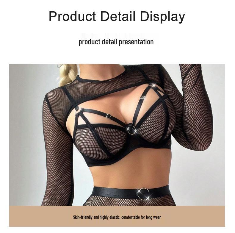 Black Mesh Halter Fishing Net Lingerie Set With Long Sleeves and Metal Ring Accents
