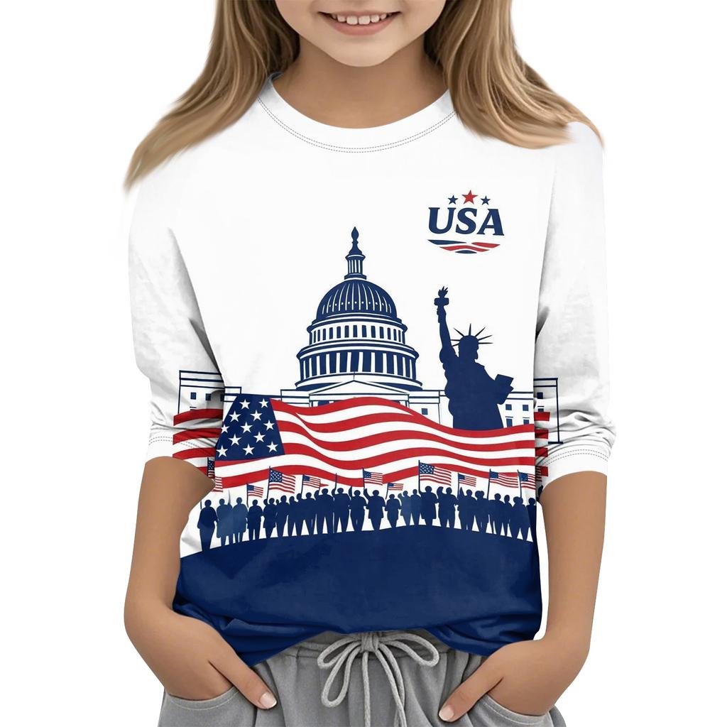 Children's Independence Day Printed Round Neck Seven Quarter Sleeve Casual T-shirt