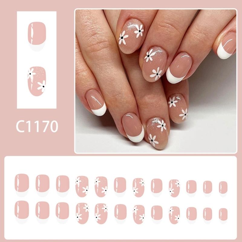 User Friendly Artificial Nail Flower Glitters French Styles Fake Nail for Daily Use Safe Plastic Finger Enhancements