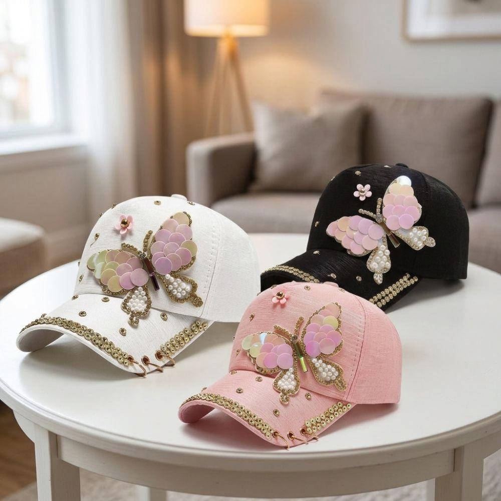 Rhinestones Women's Sun Hat Sequined Butterfly Peaked Cap Trendy Shiny Baseball Cap  Outdoor Travel