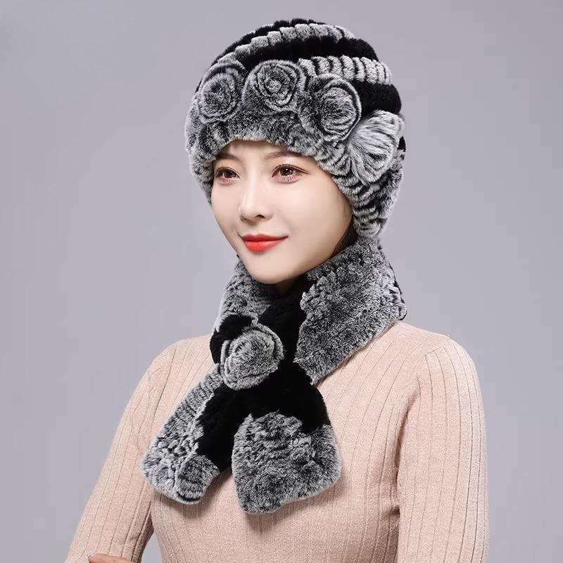 New Rex Rabbit Hair Hat Women's Winter Outdoor Scarf Set Warm Ear Protection Middle-aged and Elderly Fur Fashion