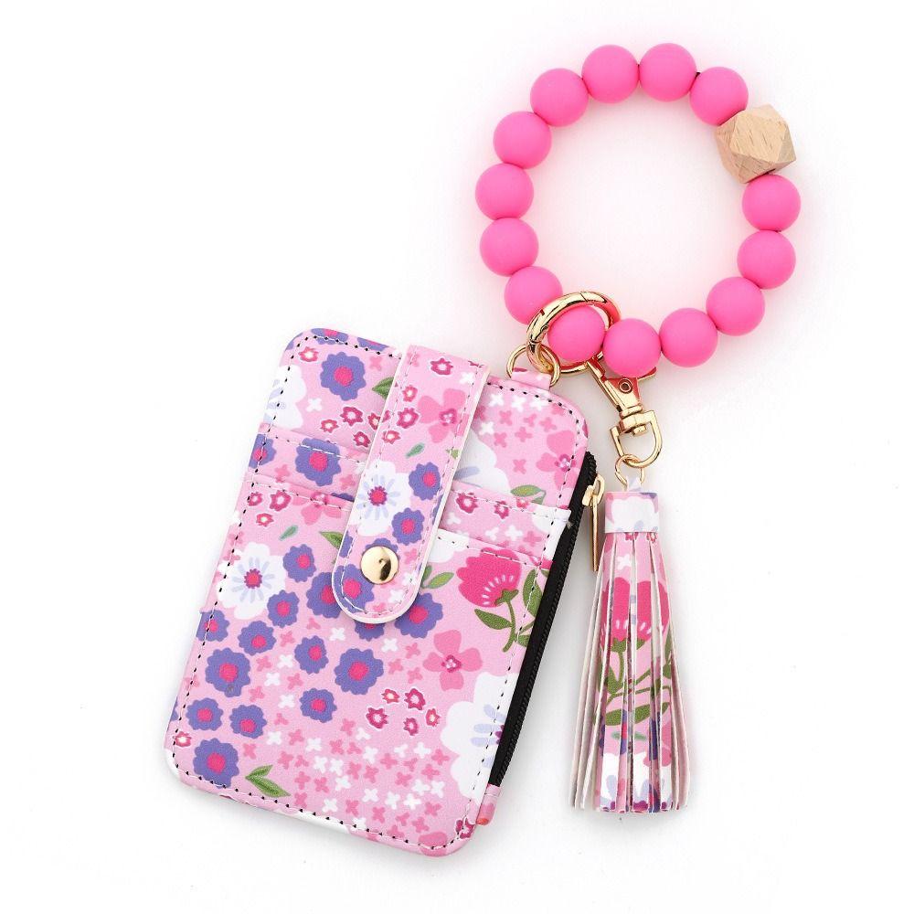 Pu Leather Silicone Bead Bracelet Keychain Boho Style Leather Card Bag Keychain  Fashion Wear