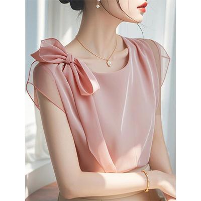 New French High-end Chiffon Shirt for Women with Niche Beauty Short-sleeved Loose Pink Top for Summer