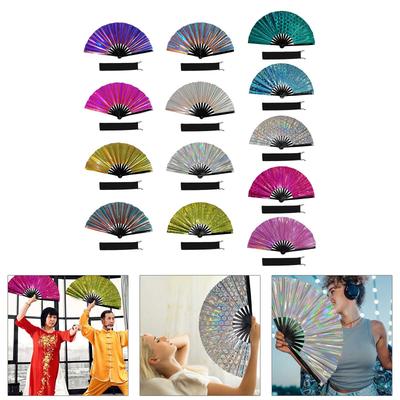 Large Shimmering Colorful Folding Hand Fan for Line Dance Martial Art Taichi Handheld Fan with Reflective Design Gift