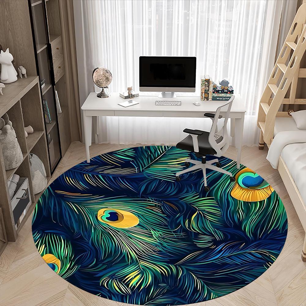 1pc Peacock Feathers Office Round Area Rug, Indoor Mat Suitable ForOffice, Under Office Chairs Bedroom Living Room Home Decor, Room Decot104