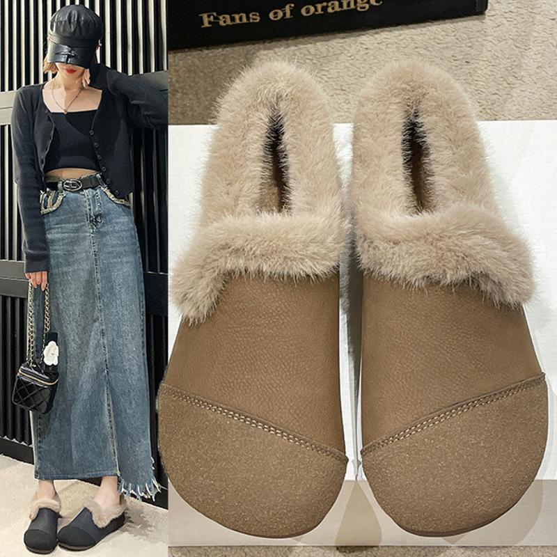 Hairy edge beanie shoes women's winter retro one-pedal lazy soft-soled cotton shoes velvet loafers women