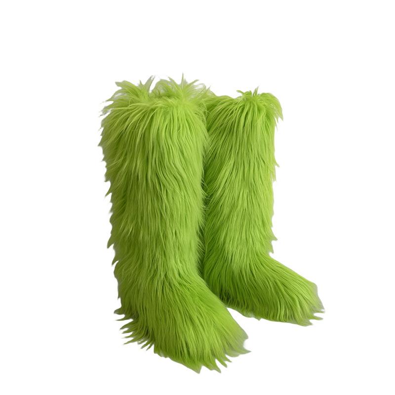 Faux Fur Snow Boot for Women Winter Warm Fluffy Long Furry Long Boots Women's Outdoor Fuzzy Knee-High Boots Plush Warm Snow Shoes for Outdoor Indoor