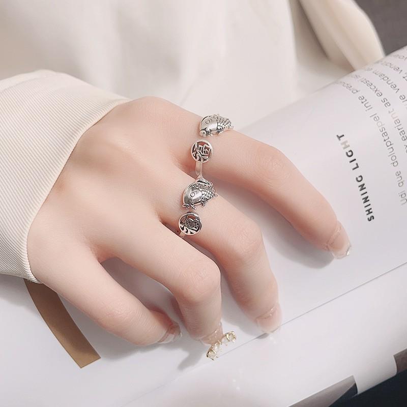 Adjustable Open Ring With Vintage Fortune Character Koi Fish Design Sterling Boho Retro Womens Statement Jewelry