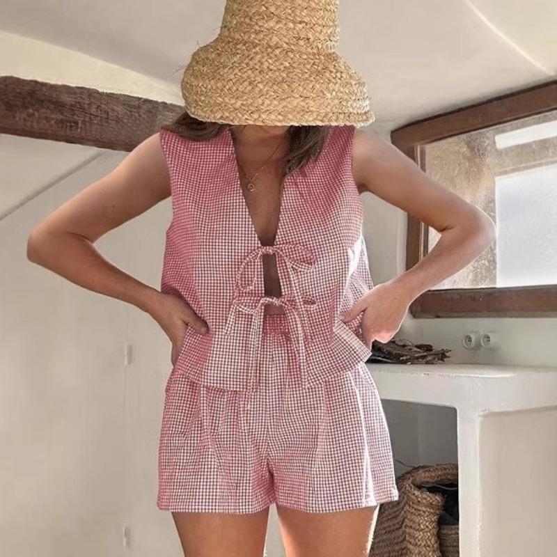 Women's New Summer Plaid Tie Cardigan Vest Shorts Fashion Casual Suit