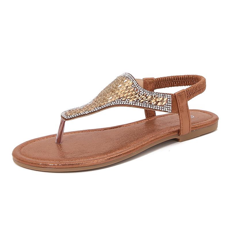 Large Size Hollow Flat Bottom Rhinestone Sandals Bohemian Comfort Women's Shoes Summer 187-2