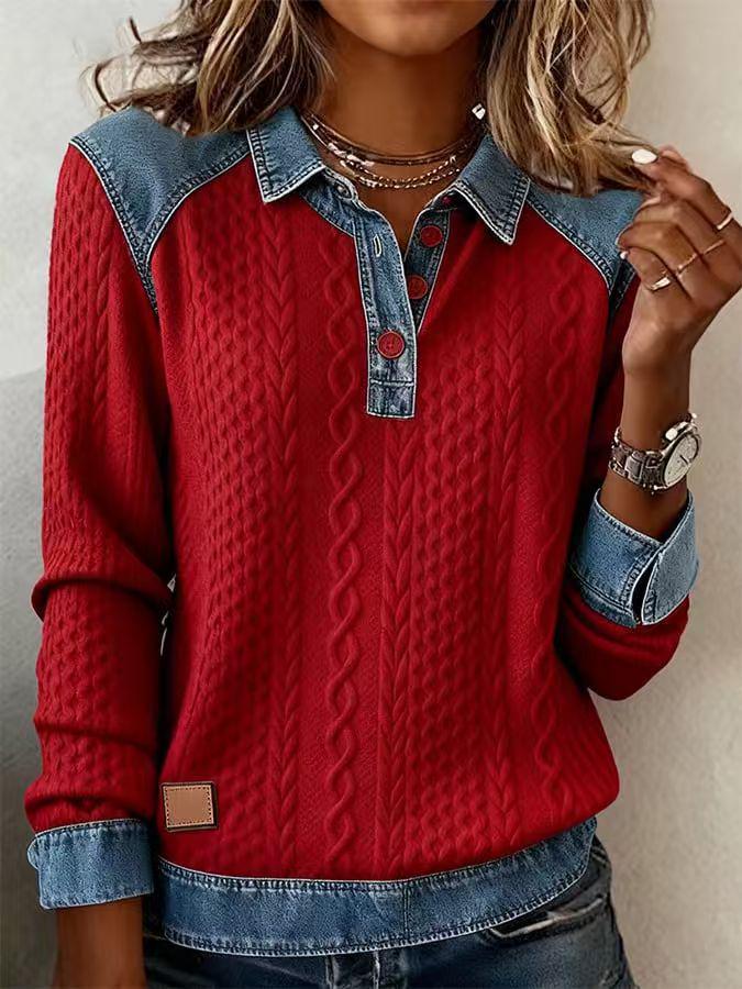 2025 European Style Knit Lapel Long Sleeve Women's Shirt - Versatile Casual Patchwork Denim for Autumn/Winter