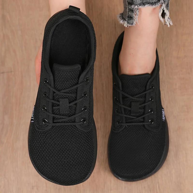Womens Minimalist Walking Sneakers Shoes Wide Toe Barefoot Casual Wide Last Canvas Black Flat Board Shoes Breathable Mesh Shoes