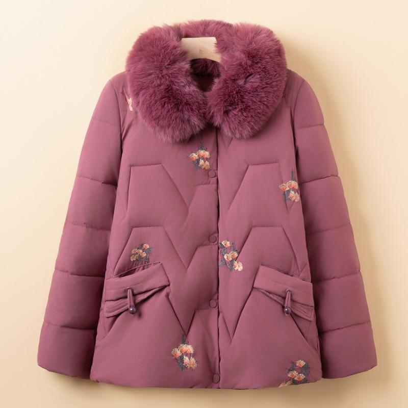 Mom winter velvet thickened cotton-padded jacket fur collar embroidered cotton-padded jacket middle-aged women's cotton-padded jacket new