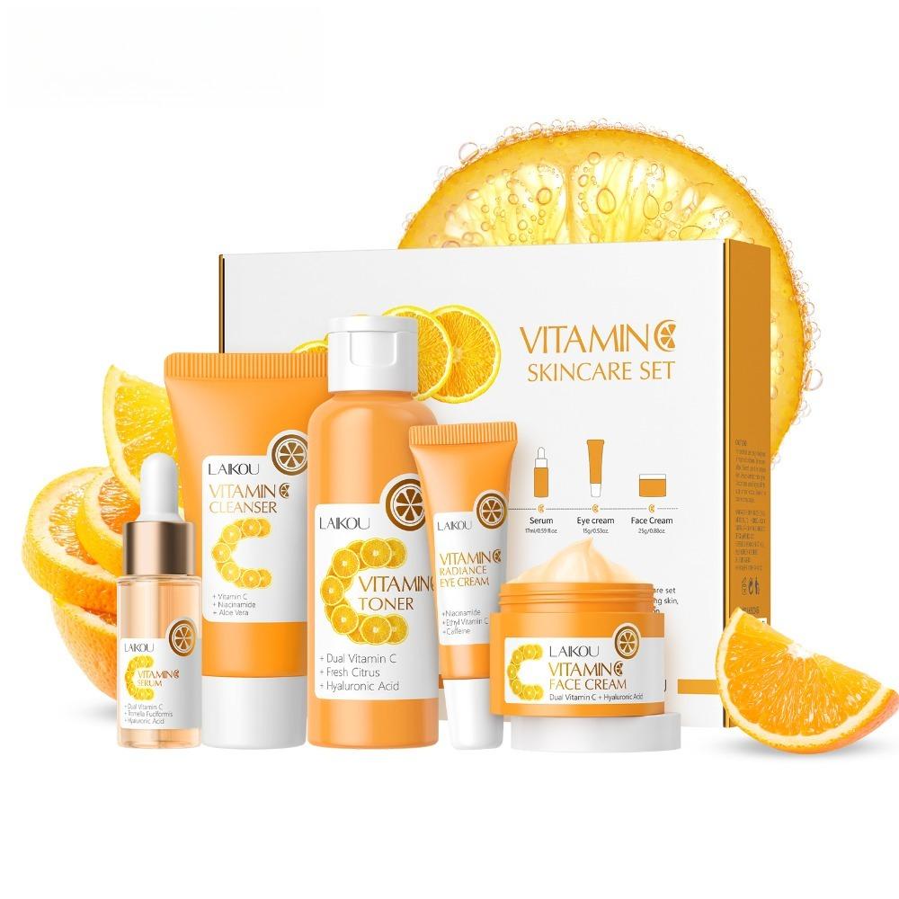 Vitamin C Facial Skincare Set 5 Pieces Hydrating Brightening Nourishing Daily Face Care Kit with Cleanser Toner Serum Eye Cream Cream