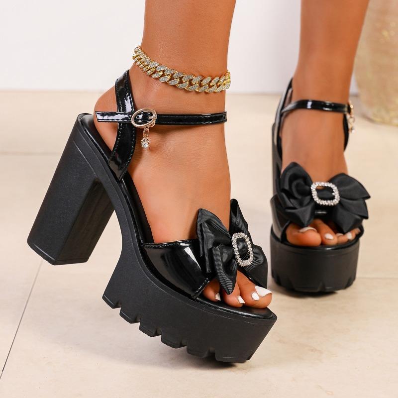 Fashion Bowtie Super High Heels Sandals for Women Shiny Crystal Chunky Platform Sandals Ankle Buckle Thick Sole Square Heeled Shoes