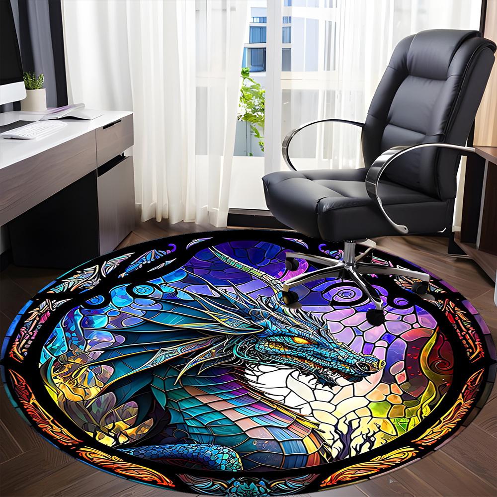1pc StainedGlass Dragon Office Round Area Rug, Under Office Chairs Bedroom Living Room Home Decor, Room Deco