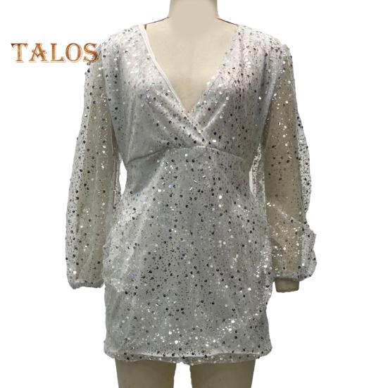 Sexy, figurbetontes Paillettenkleid für Damen, durchsichtiges, langärmliges Minikleid mit tiefem V-Ausschnitt, funkelndes Abend- und Partykleid für Nachtclubs
