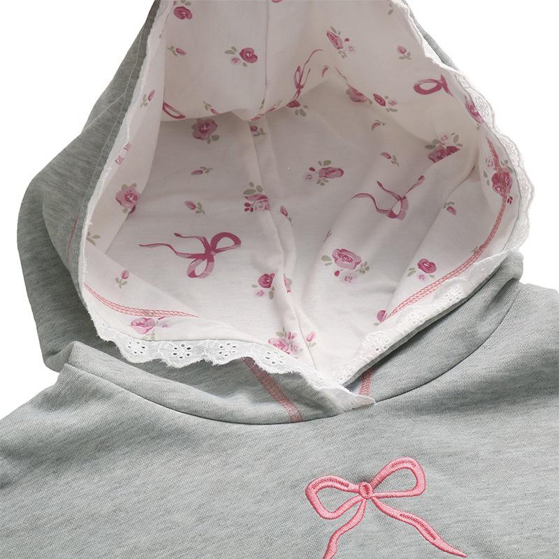 TikTok Trend: 2026 Autumn/Winter Mid-Length Hooded Sweatshirt for Women with Bowknot and Lace Details.