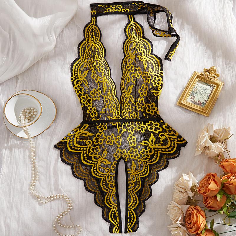 Backless Temptation Transparent Women Open Crotch Pajamas Exotic Deep V Hollow Bodysuit Crotchless Sexy Lingerie Erotic Costumes
