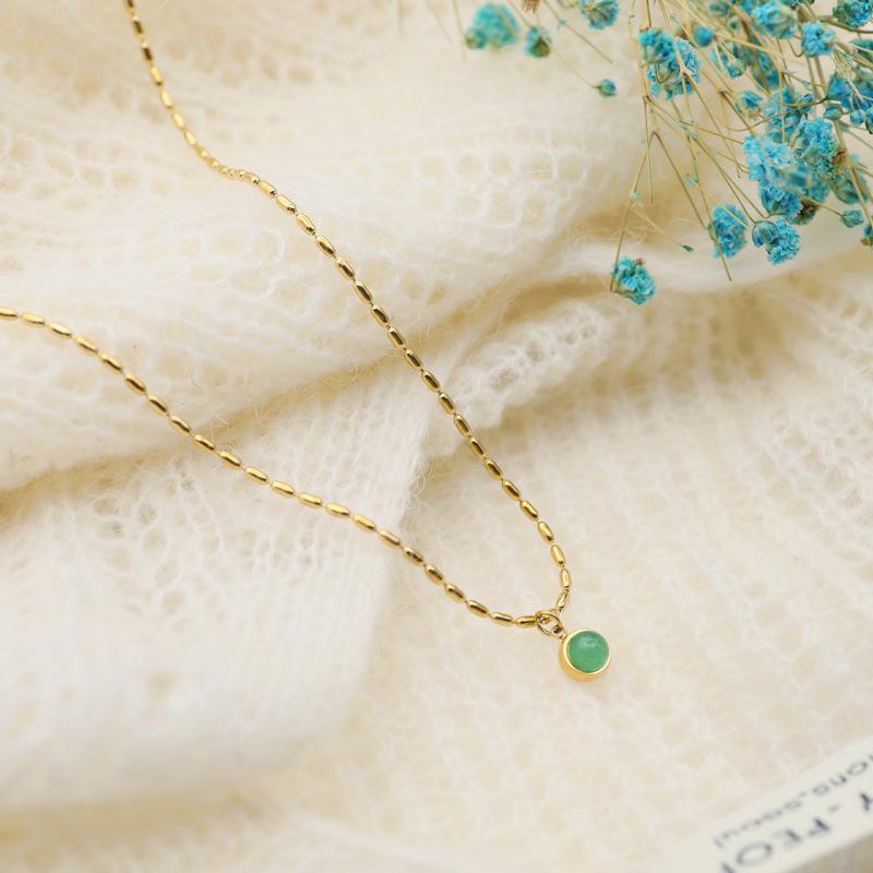 Elegant Korean-Japanese Style Titanium Steel Necklace with Colorfast Natural Stone Pendant - Light Luxury Sweater Chain