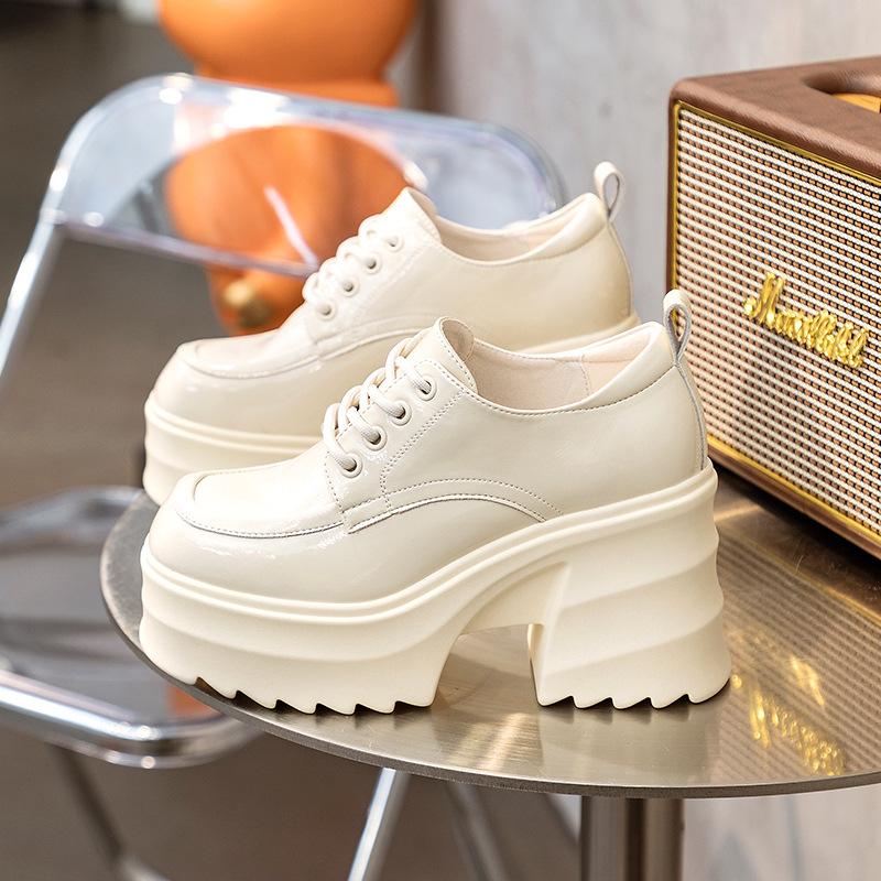 Women Platform Square Heels Leather  Lace-up Oxford Women Party Role Play Uniform Dress Shoes Woman Fashion High Heels