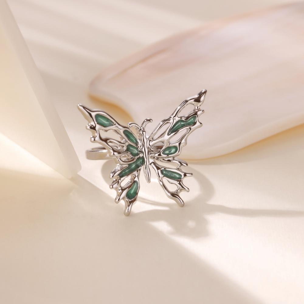 Green Oil-Dripping Butterfly Rings For Women Gold Color Vintage Geometric Butterfly Opening Ring Wedding Aesthetic Jewelry Gift