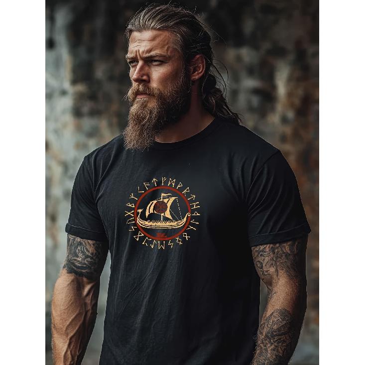 Herren Wikingerschiff Grafik-T-Shirt, weiches Baumwoll-Rundhals-Kurzarmshirt mit nordischen Runen und Drachenkopf-Schiff-Design für Freizeitkleidung 3XL schwarz
