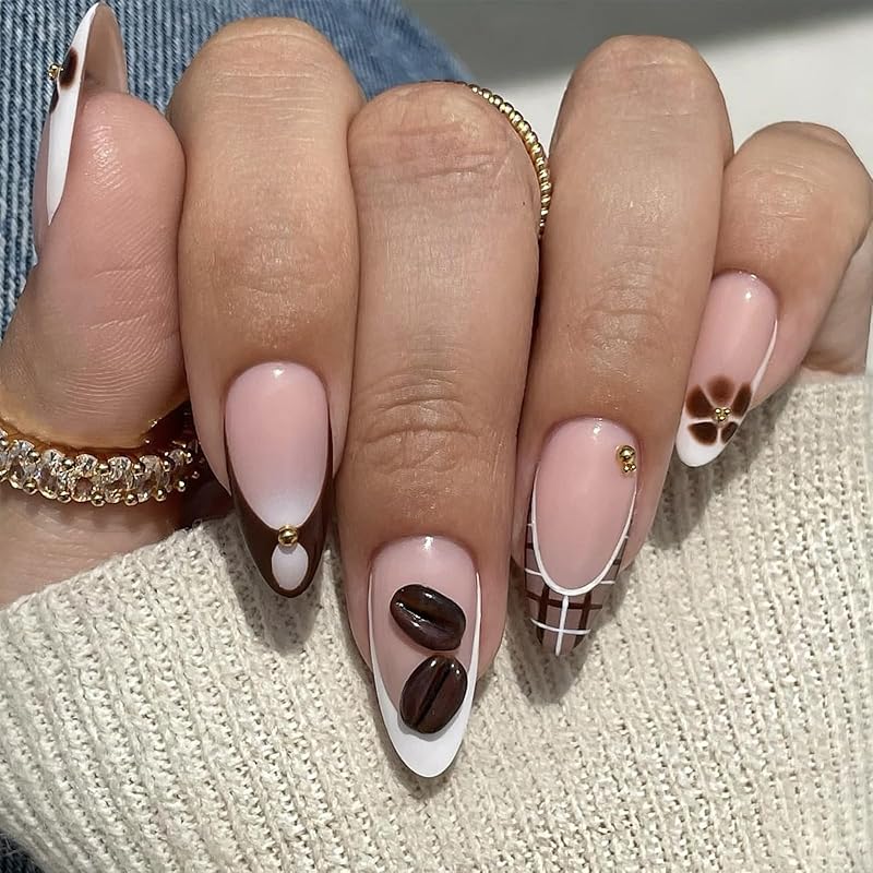 Pink French Tip Press on Nails Medium Almond Fake Nails with 3D Flower Designs Glossy Acrylic False Nails Golden Bead Artificial Glue on Nail